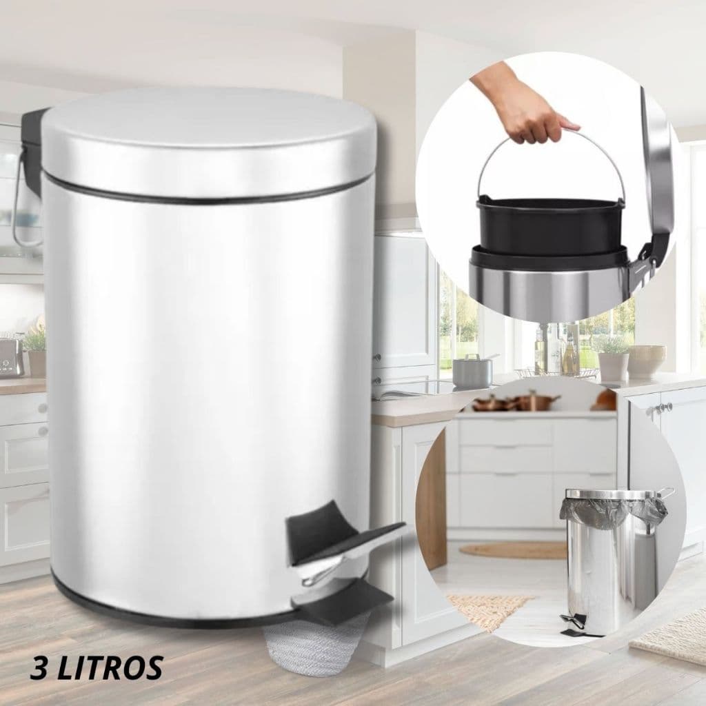 Lixeira Pedal Inox Redonda Multiuso Com Cesto interno - 3 Litros Cozinha Banheiro Escritório Bancada