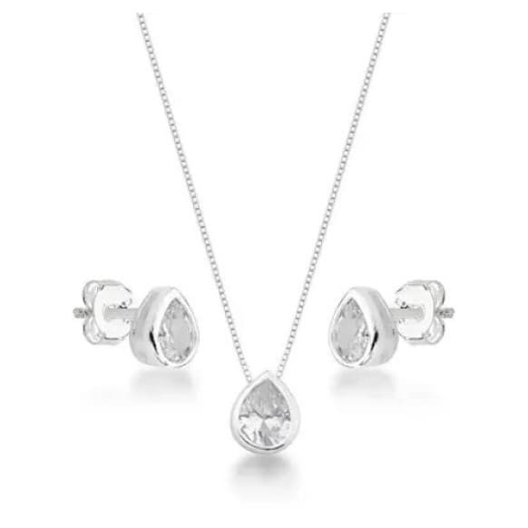 Conjunto Colar Brinco Gota Cristal Prata 925 7x9