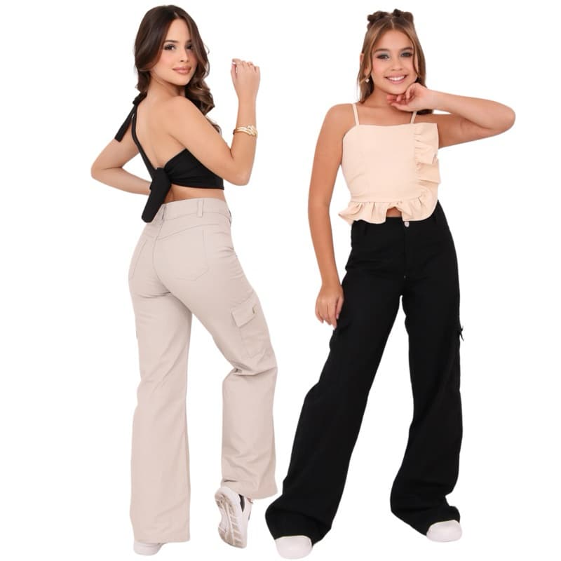 Kit 2 Calça feminina cargo infantil juvenil sarja wid leg blogueirinha bege pantalona