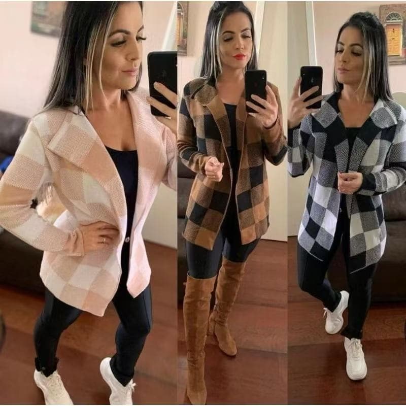 Casaco Xadrez Cardigan Sobretudo Tricô Moda Inverno Feminino