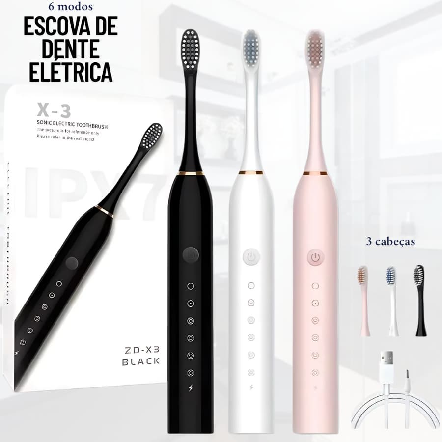 Escova De Dentes Oral Elétrica Com 3 Cabeças De Escova Ultrassônica Automática Completa