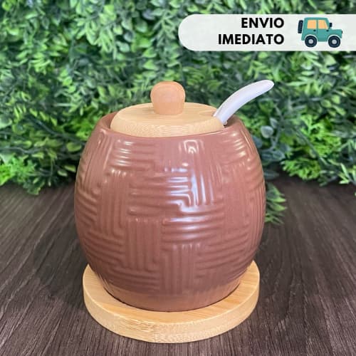 AÇUCAREIRO CERÂMICA TAMPA BAMBU COM COLHER E BASE  MESA POSTA