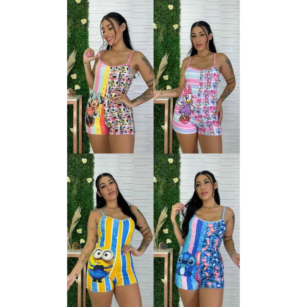 Kit 10 pijamas macaquinho alça de regulagem personagem variados
