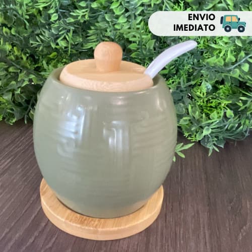 AÇUCAREIRO CERÂMICA TAMPA BAMBU COM COLHER E BASE MESA POSTA