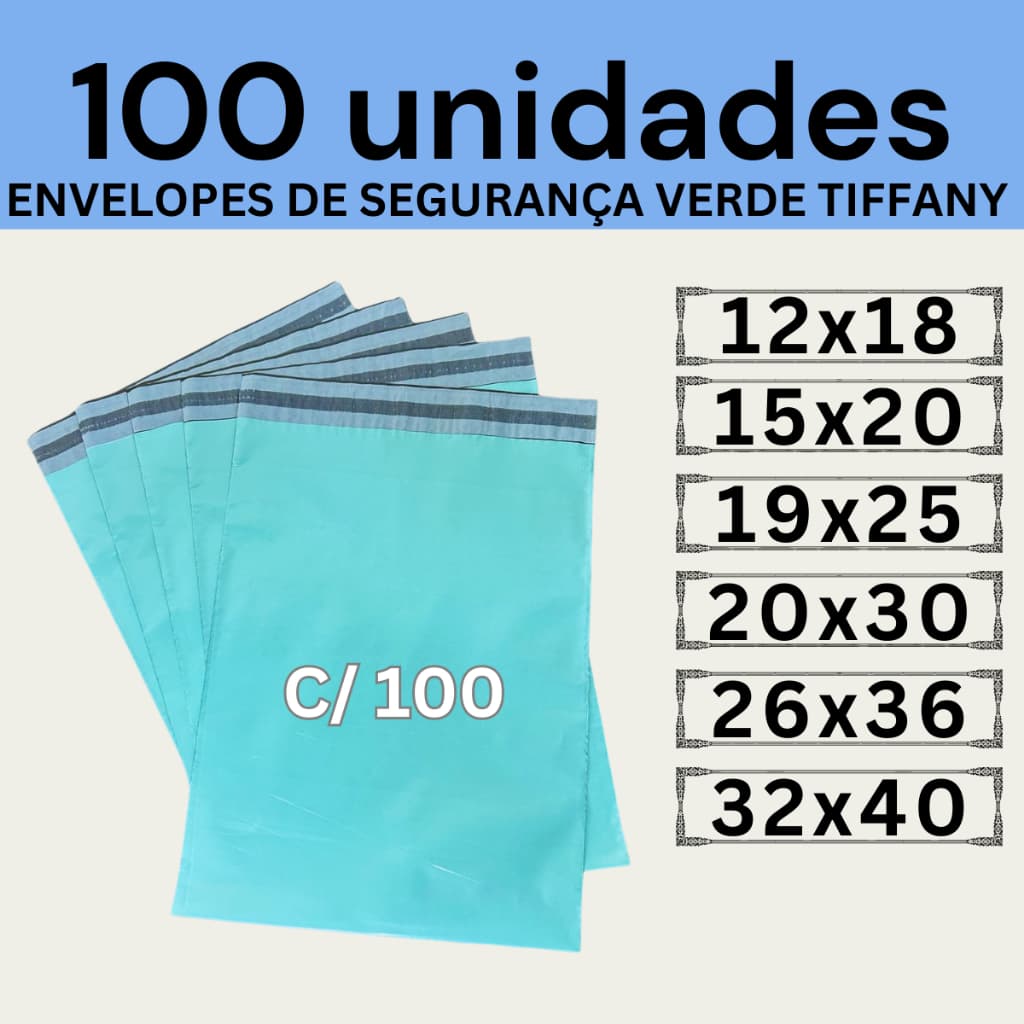 Kit 100 Envelopes Segurança Verde Tiffany Embalagem De Envio 12x18 15x20 19x25 20x30 26x36 32x40 40x50