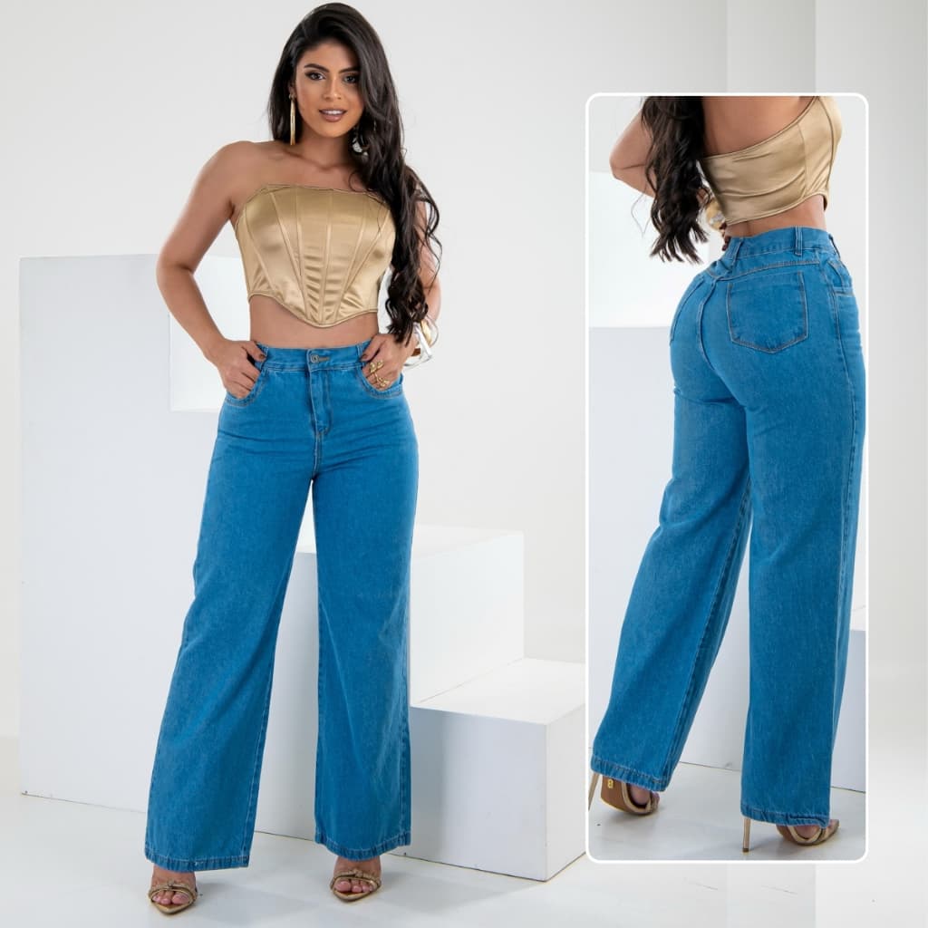 Calça Wide Leg Jeans Feminina Pantalona Cintura Alta