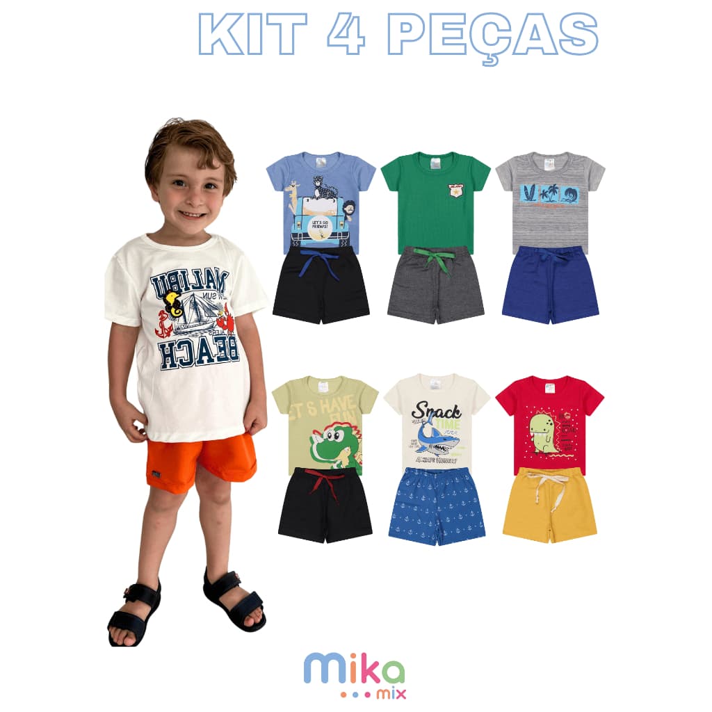 Kit Infantil Verão Masculino 4 Peças – 2 Camisetas + 2 Bermudas Sortidas (Tamanhos 1 a 8 Anos)