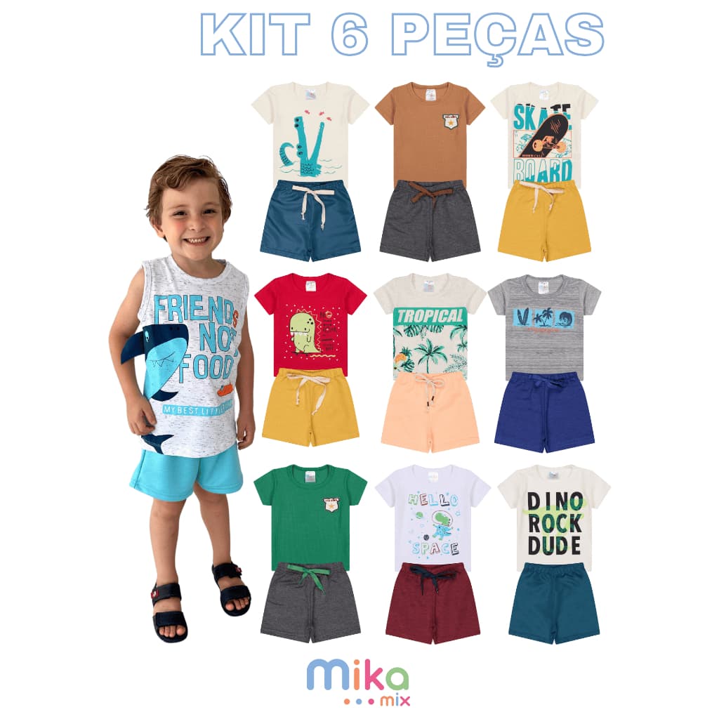 Kit Infantil Verão Masculino 6 Peças – 3 Camisetas + 3 Bermudas Sortidas (Tamanhos 1 a 8 Anos)