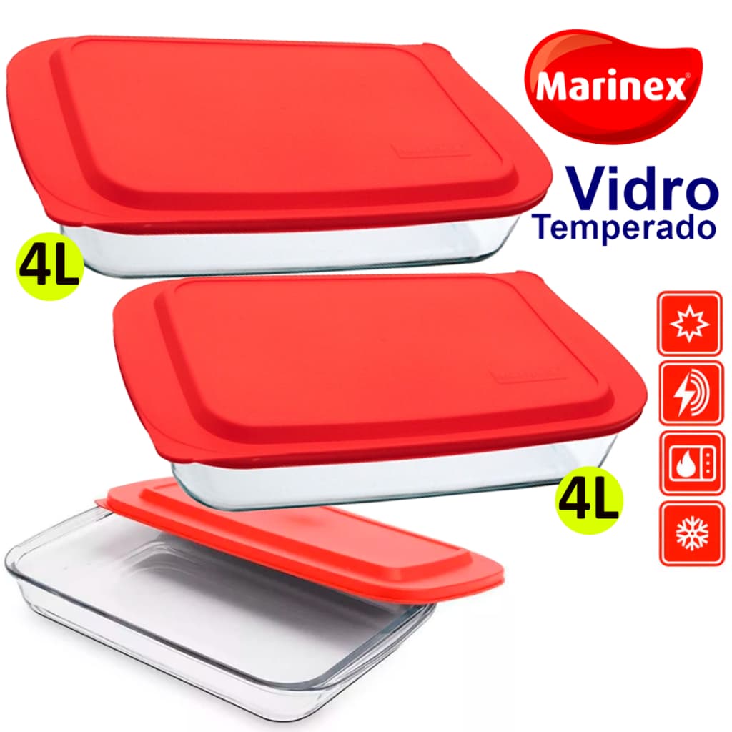 Kit 02/01 Assadeiras com Tampa Retangular Vidro Forma Lasanheira Grande 4LT Sempre - Refratário