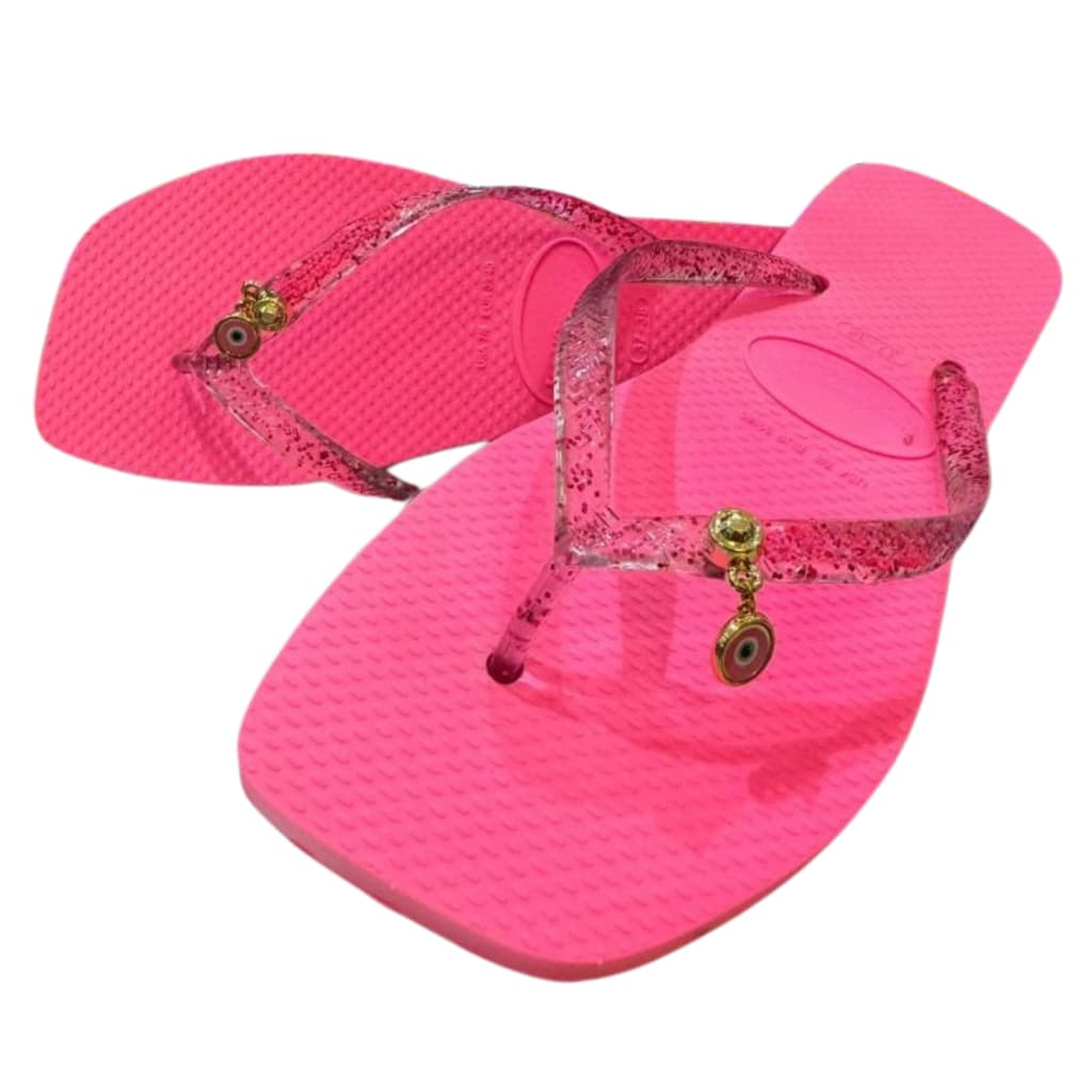Chinelo Rasteira Rasteitinha Feminino Lateral  em Cores Neon Bico Quadrado Com Pingente