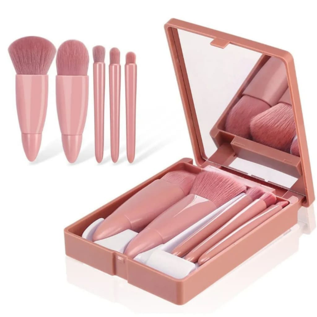Conjunto Estojo Espelho Kit C/5 Pincel De Maquiagem Com Espelho Cores Variadas