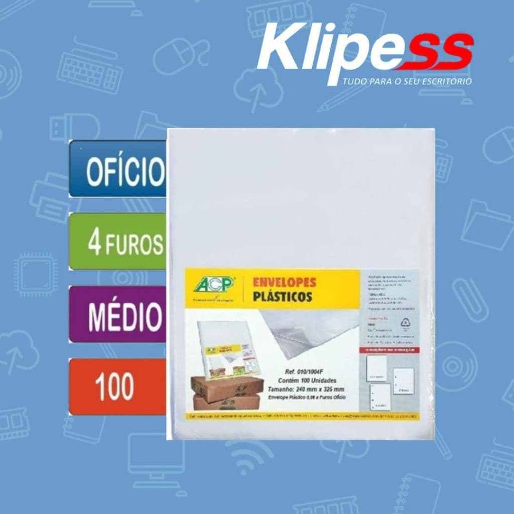 Envelope Plástico Ofício 4 Furos Médio, Embalagen Com 100 unidades ACP