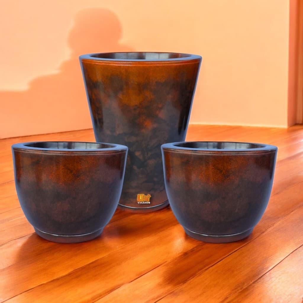 Kit Vasos Marmorizados P/Planta Redondo P + 2 vasos Bojo Nº1 Polietileno Decor Casa Jardim C/Pratos