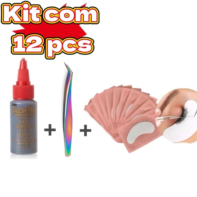 Cola Profissional para Extensão de Cílios Salon Pro Anti Fungos/Cola Cabelos+ Pinça de cílios+ Adesivos para cílios