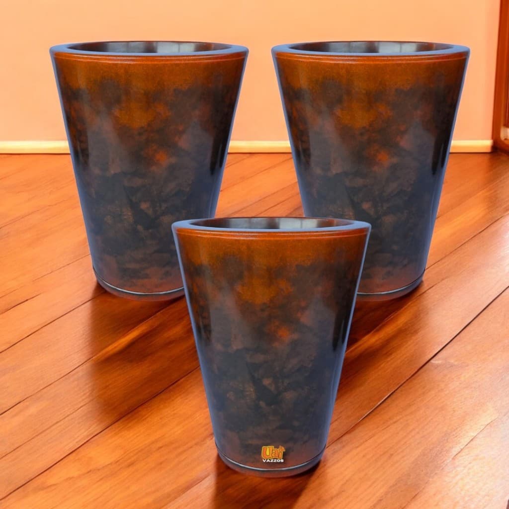Kit 3 Vasos Marmorizados Polietileno P/Planta Redondo Cone P (23X28) Casa Jardim C/Pratos Coletores