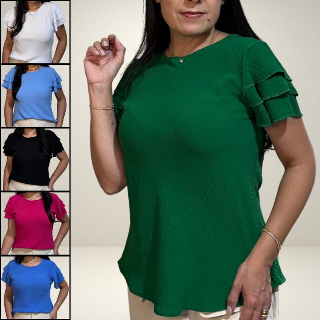 Blusa Feminina Social Casual Babado Manga Curta Camadas em Duna