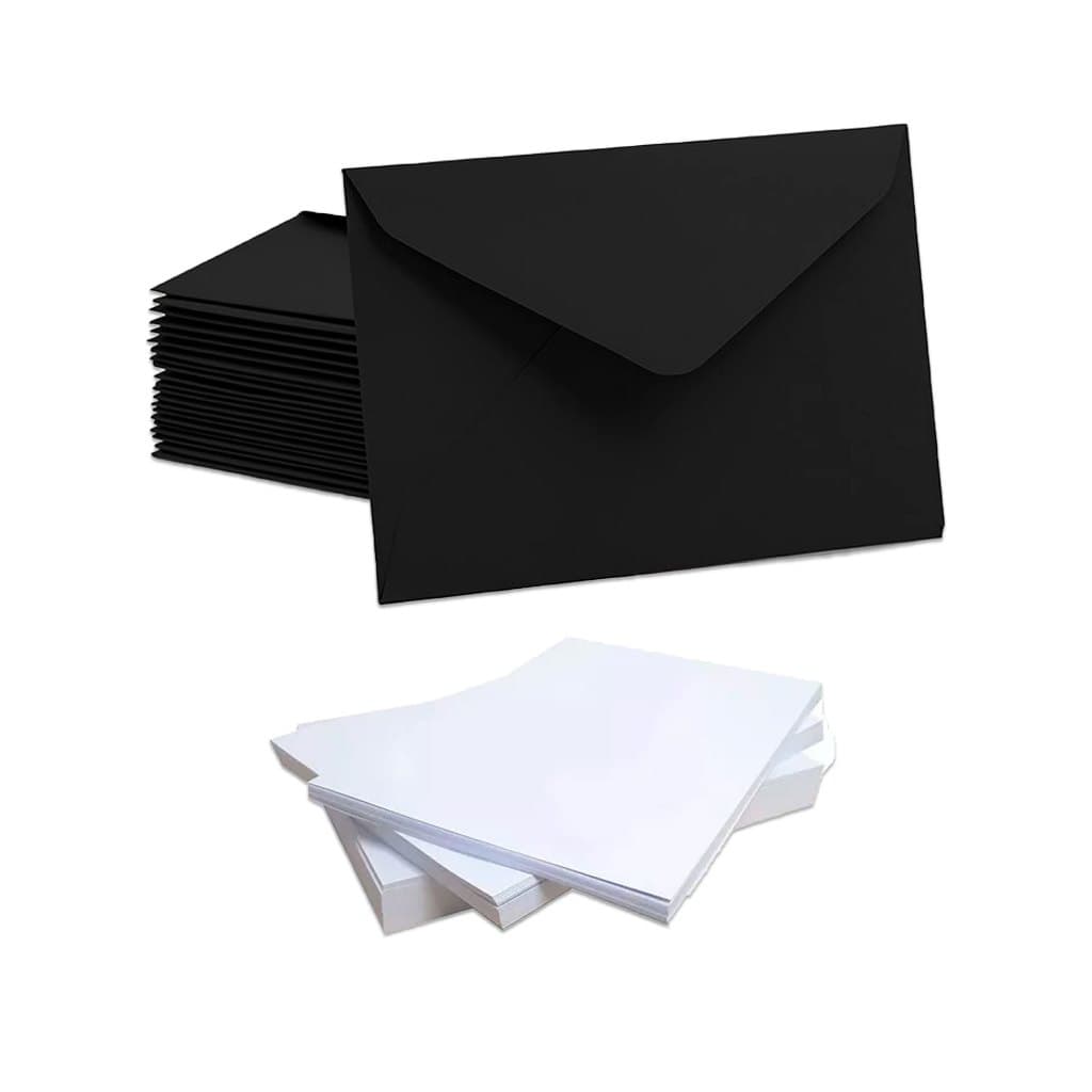 50 Mini Envelope Visita Preto + 50 Cartão para Mensagem Recado