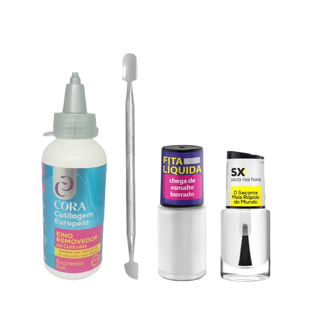 Conjunto Cora: Espátula Ponta Dupla, Fita Líquida + SX Secante ultra Rápido + Kinq Removedor  de Cutícula Manicure -