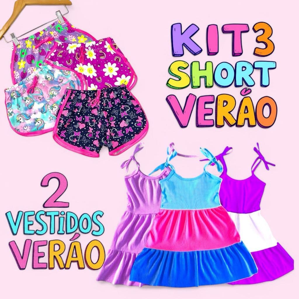 Kit com 5 peças 3 short menina infantil verão + 2 vestidos menina ENVIO DE CORES SORTIDAS
