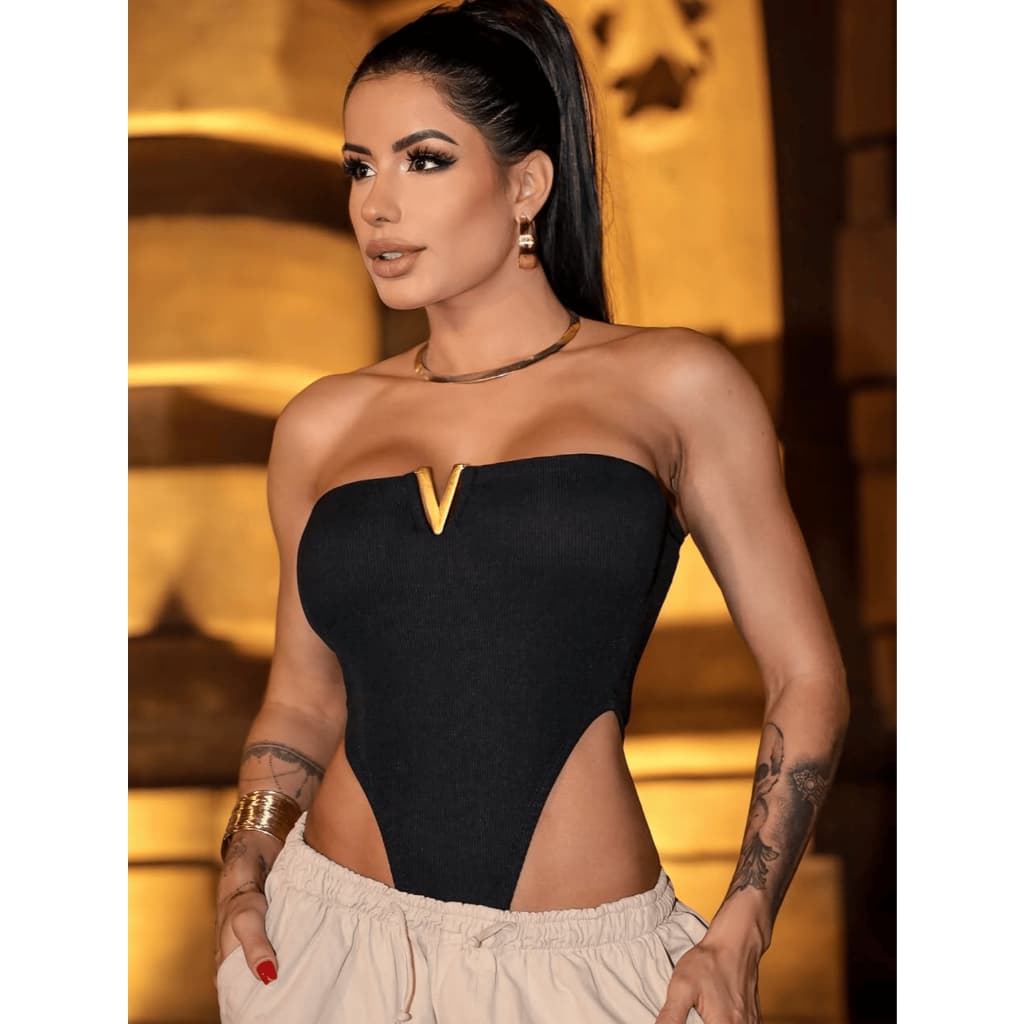 BModas Body Cavado Feminino Tomara Que Caia Decote Detalhe Fivela V Tecido Canelado Fashion Gringa