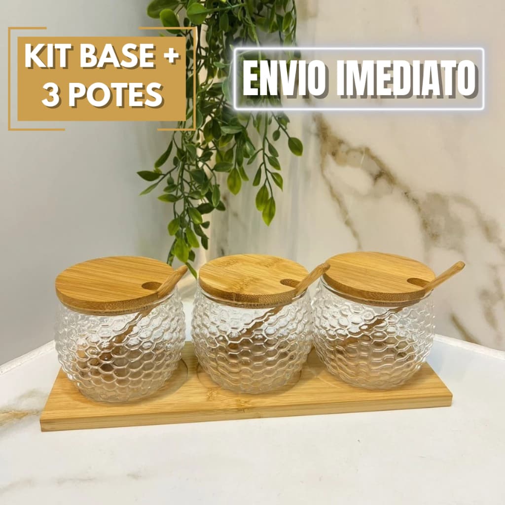 Kit 3 Potes Vidro + Base C/Colher e Tampa de Bambu P/Açucar Mel Sal