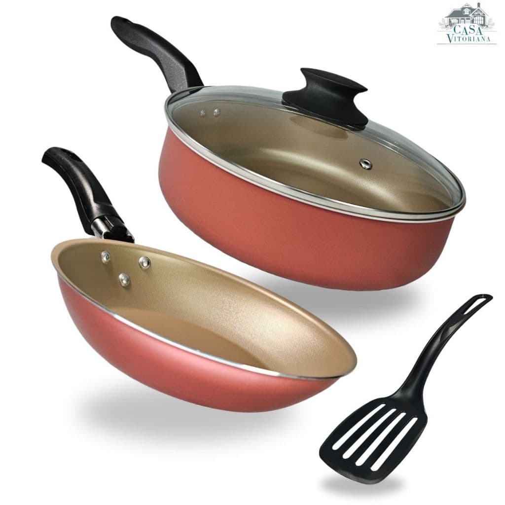 Frigideira Alta Grande 24 cm e Frigideira Francesa 24 cm Antiaderente Com 5 Camadas de Teflon - Cor Cereja