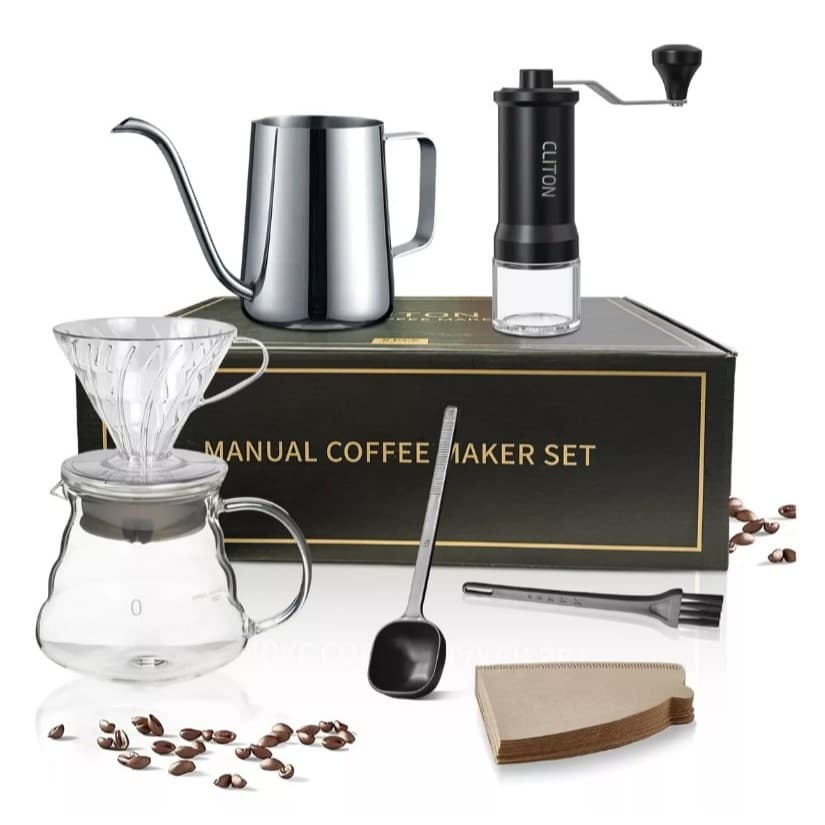 Conjunto de Café Manual 8 Peças : Kit Completo com Moedor, Filtro e Chaleira para Café Artesanal
