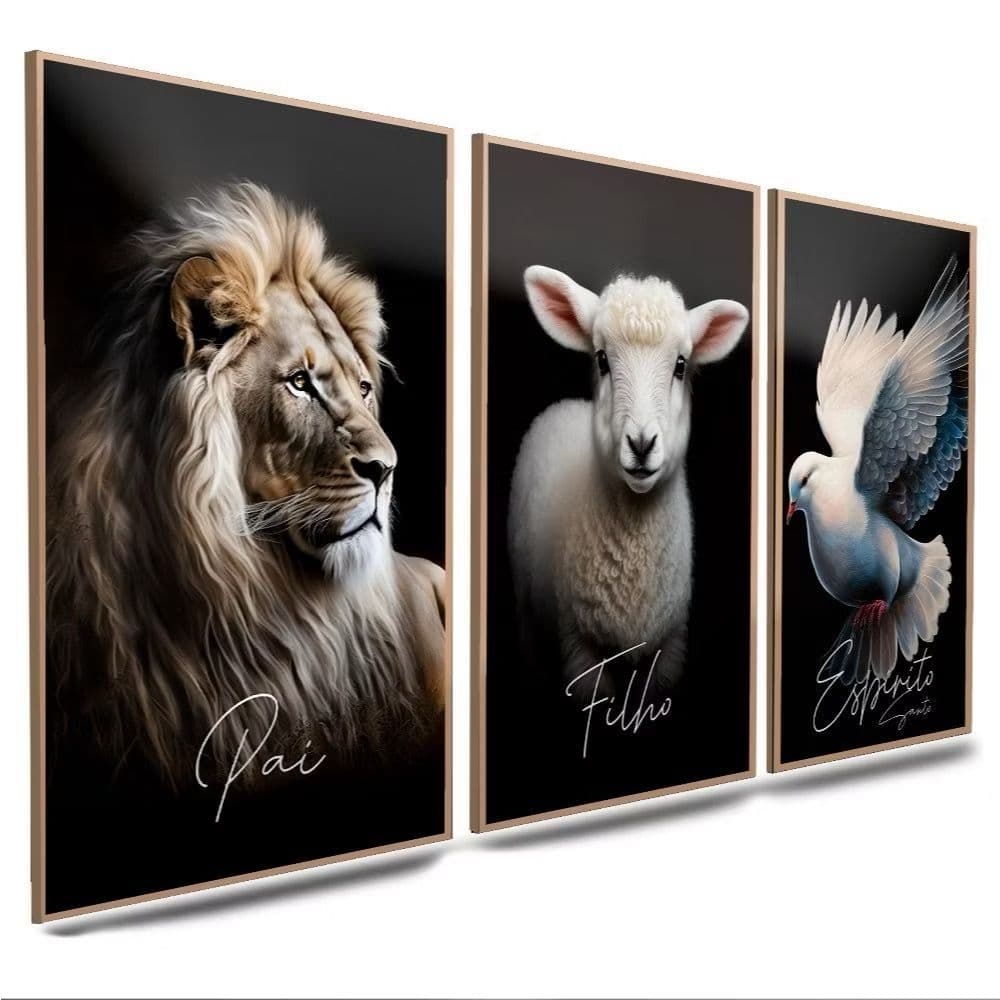 Quadros Decorativos Religioso Pai Filho Espírito Santo 3 Peças Mosaico Sala Quarto Escritório