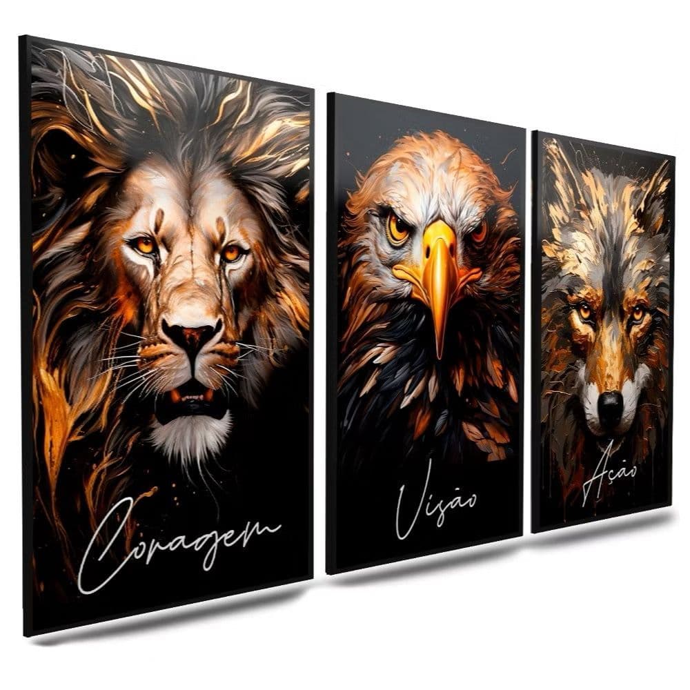 Quadros Decorativos  Motivacional Leão águia e Lobo Coragem Visão Ação 3 Peças Mosaico Sala Quarto