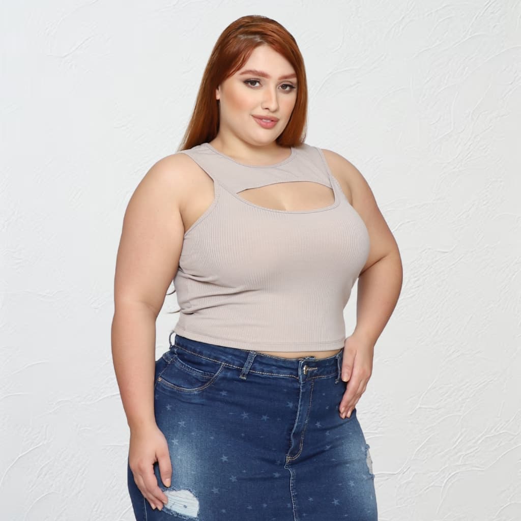 Cropped Feminino Regata Decote Busto Plus size Canelado