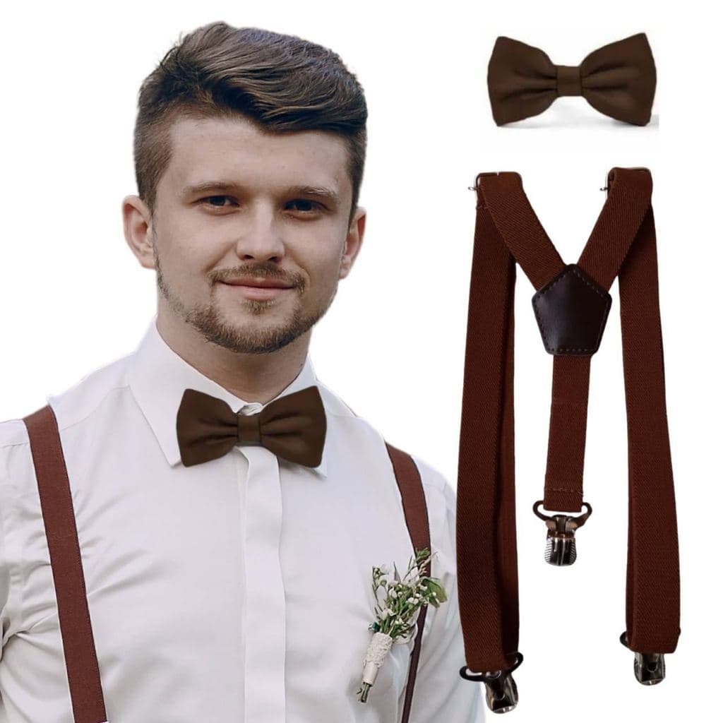 Kit Suspensório E Gravata Borboleta Adulto Marrom e Outras Cores Casamento Evento Social Formatura Padrinho Noivo Festa