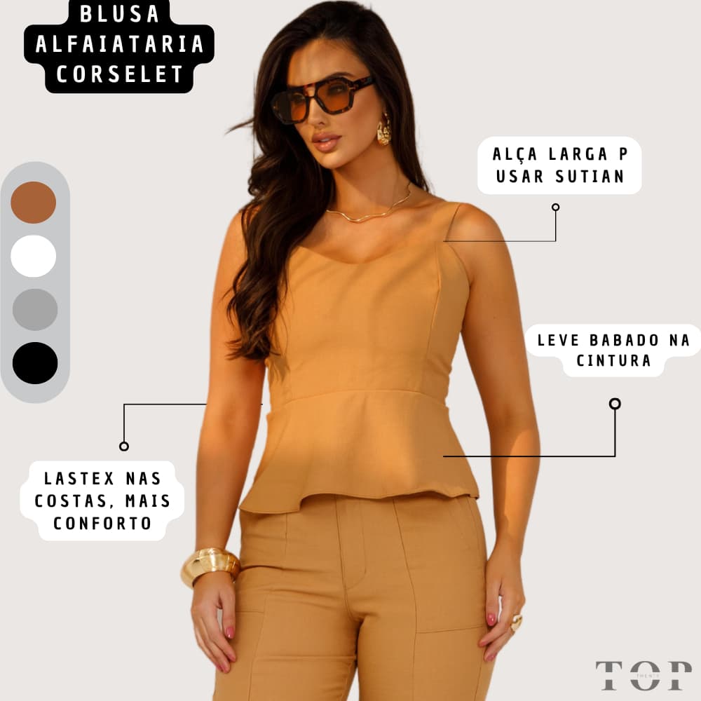 Blusa Feminina Alfaiataria com Babado Peplum e Alça Larga Tecido Marrant