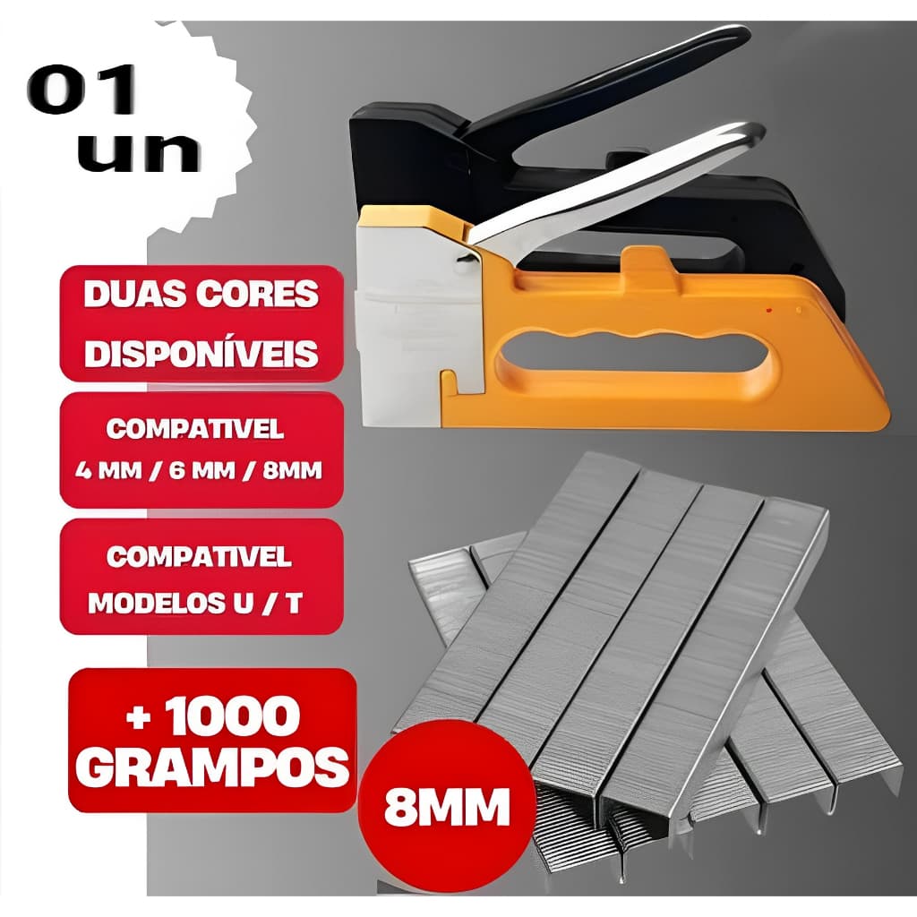 Kit Grampeador de Tapeceiro Molduras Alta Pressão Manual + 1000 grampos 8MM Profissional