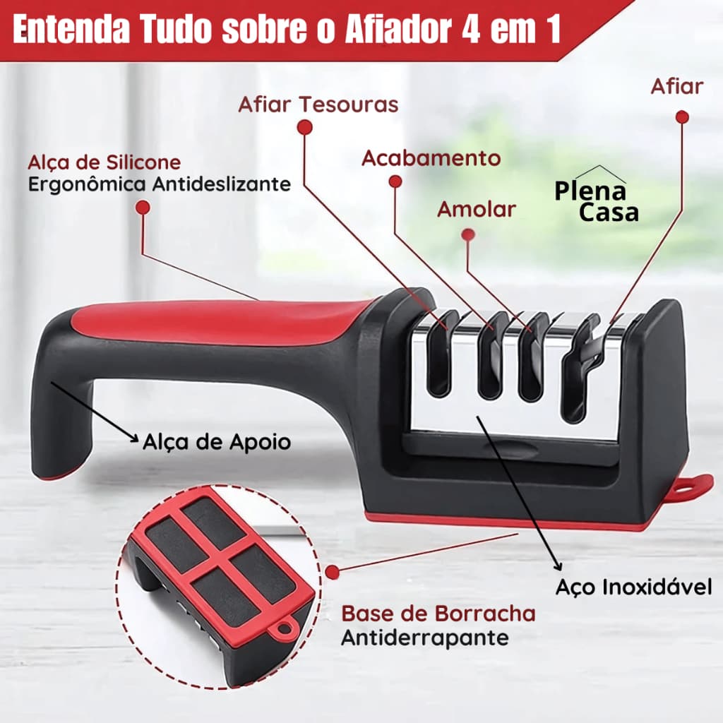 Amolador Afiador De Facas Em Aço Inox com 4 Afiadores Base Emborrachada Profissional