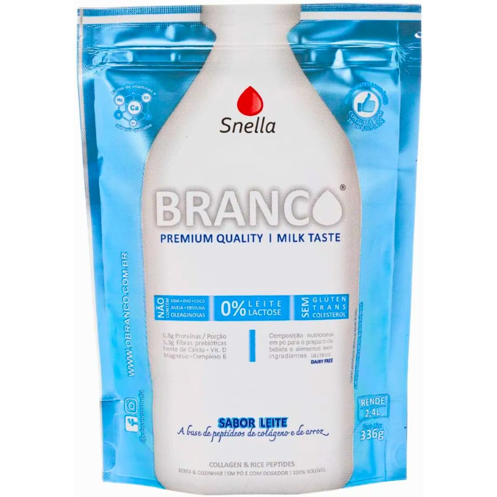 Leite Sem Lactose em Pó O Branco APLV Caseína Glúten Açúcar Com Fibras 336g Receitas Snella Arroz