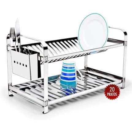 Escorredor 20 Pratos Porta Talher Inox Com Bandeja Coletora e Porta Talheres - Resistente