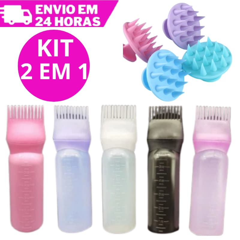 Kit Pente Frasco Aplicador De Tinta De Cabelo Com Pente De Dentes 170ml + Massageador Capilar