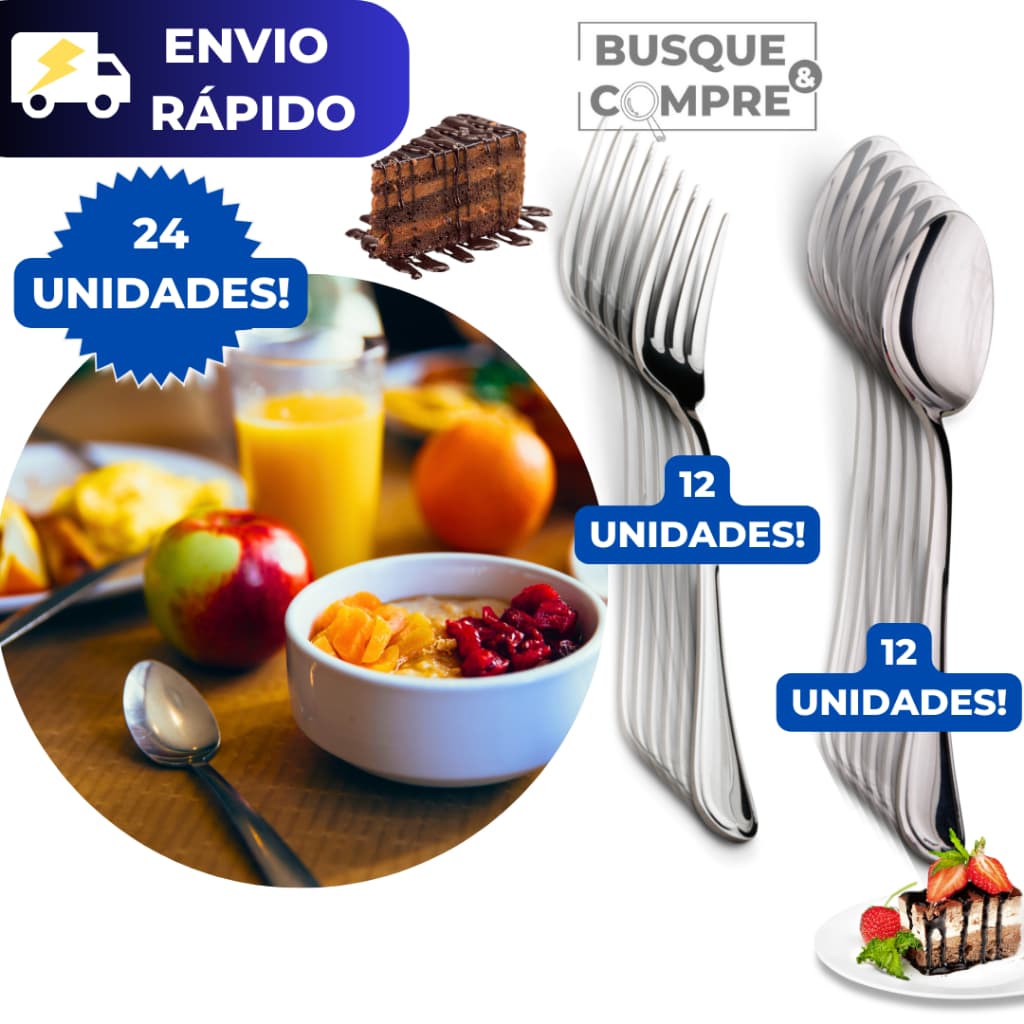 Kit 24 Peças de Talheres de Sobremesa de Metal Reforçado Garfo e  Colher Sobremesa Louça Talher