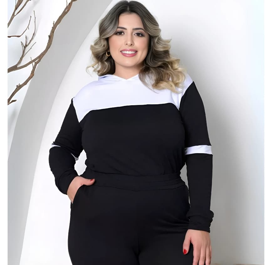 Conjuntos Feminino Inverno Plus Size com Capuz Agasalho Moda Blogueira Look para o frio
