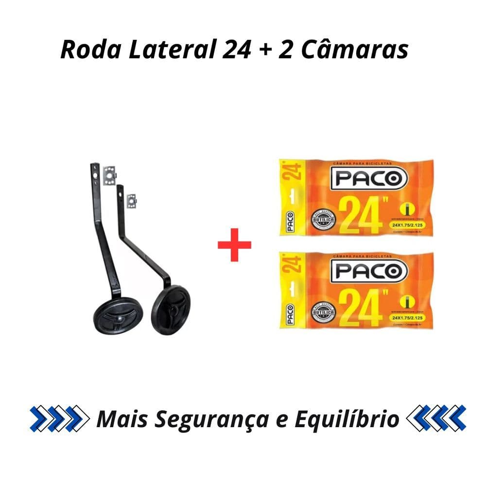Roda Rodinha Lateral Bicicleta Aro 24 Reforçada Infantil Sem Marcha + 2 Câmaras De Ar Aro 24