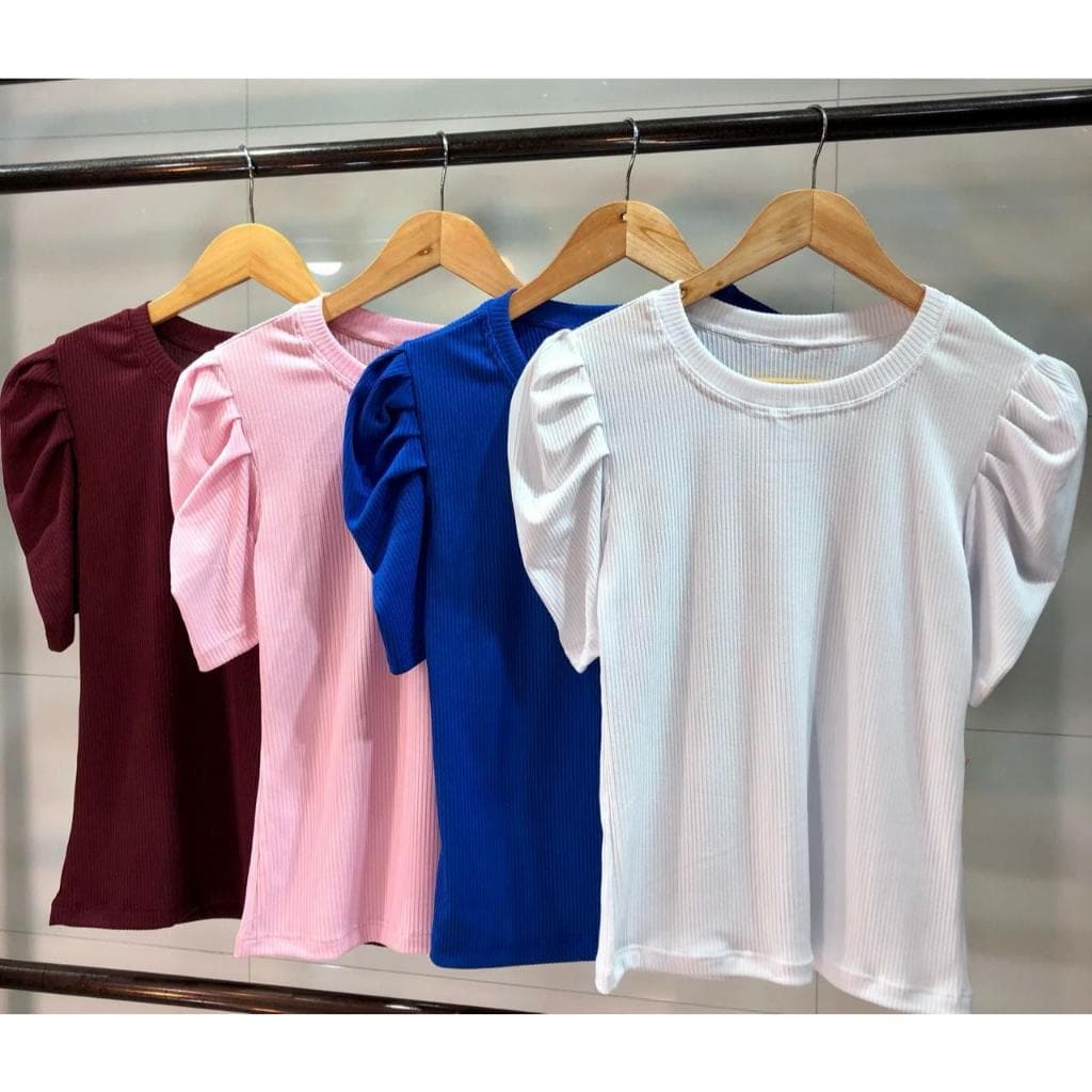 Kit 3 Blusa Feminina Manga Bufante Princesa Canelada - T-Shirts Estilosas Moda Blogueira
