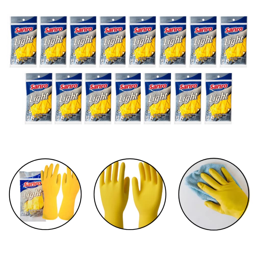 Par de Luvas Light Látex Tamanho G Sanro Amarela Para Faxina Antiderrapante 15 Unidades