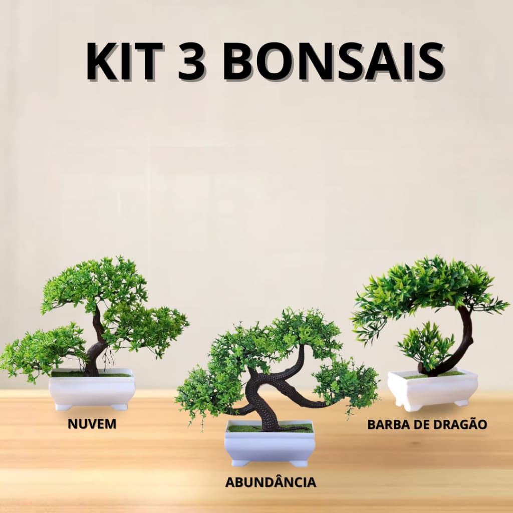 Kit 3 Bonsai Realistas Artificiais  Barba de Dragao Abundância e Nuvem Beleza sem Manutenção
