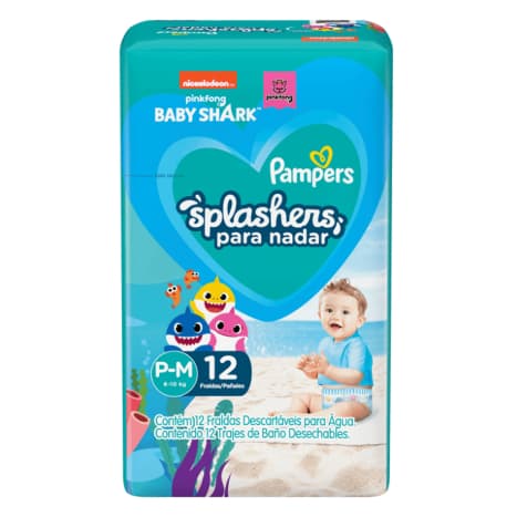 Fraldas Descartáveis Para Água Pampers Splashers Baby Shark P-M 12 fraldas
