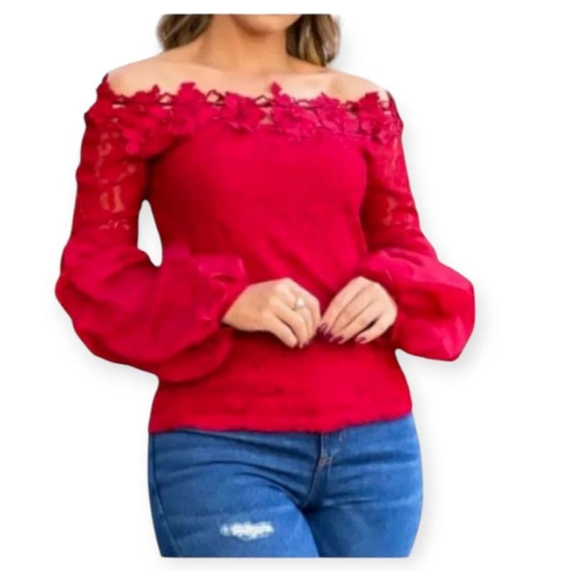 Blusa feminina luxuosa, mangas bufantes,ombro a ombro forrada,com guipir em designer flores,modelo Premium,butique,rosa