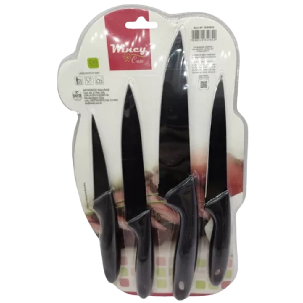 Conjunto 4 Facas De Cozinha Preta Aço Inox Faca Chef