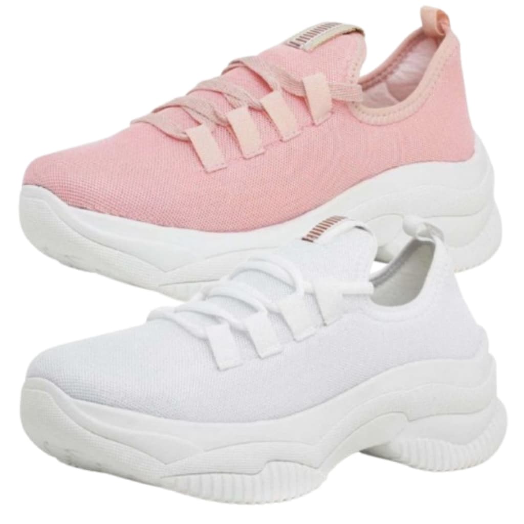 Kit com 2 Tênis Casual Chunky Feminino Sola Alta Ortopédico Conforto e Estilo Branco & Rosa