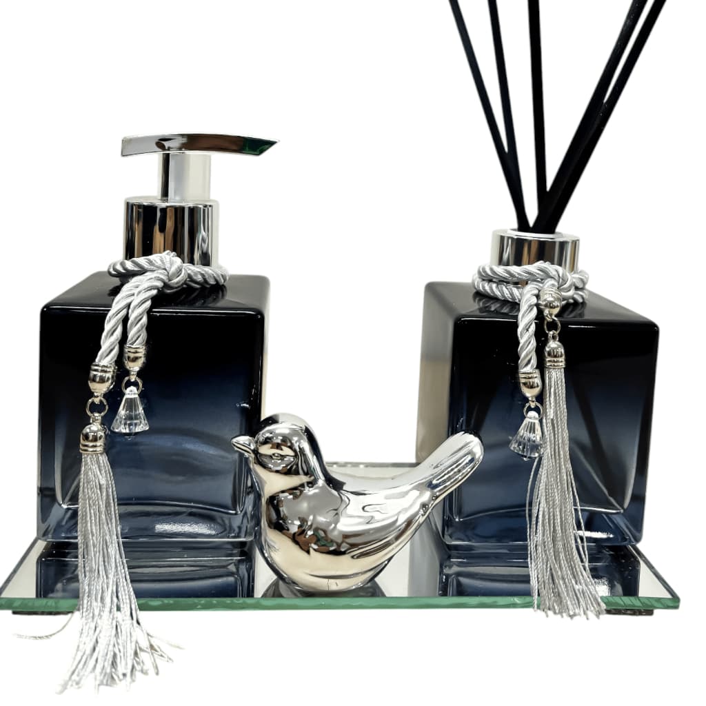 Kit Lavabo Elegante Difusor Saboneteira Vidro Cubo 250ml Preto Degradê Bandeja Espelho e Passarinho