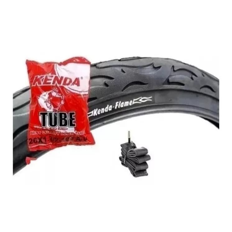 Kit Pneu Aro 26x2.125 Balão Kenda Flame Fogo Bicicleta Bike Mobilete Preto + 1 Câmara de Ar Kenda