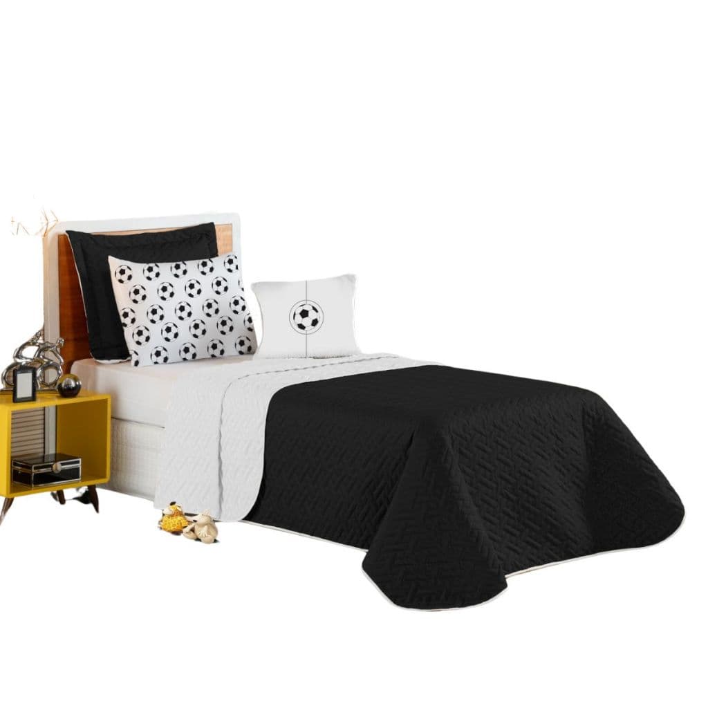 Kit Colcha Coxa Jogo Roupa Cama Cobre Leito Solteiro 5 Peças Matelado Quarto Menino Futebol Preto